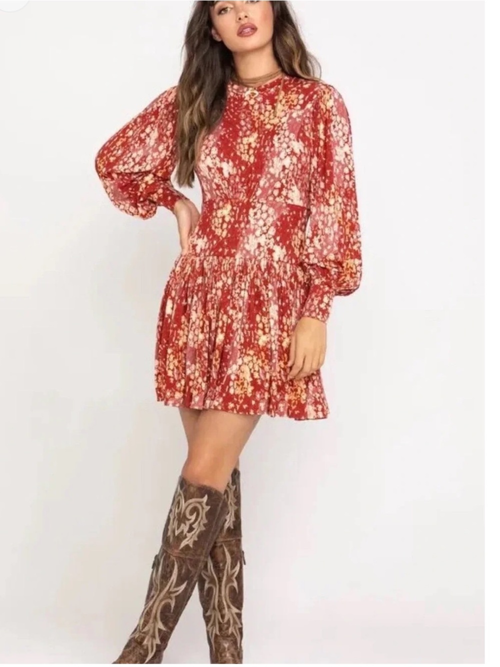 FREE PEOPLE Rust Heartbeat Long Sleeve Mini Dress